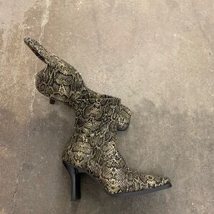 Snakeskin Patterned vintage square toe kitten heels sock booties